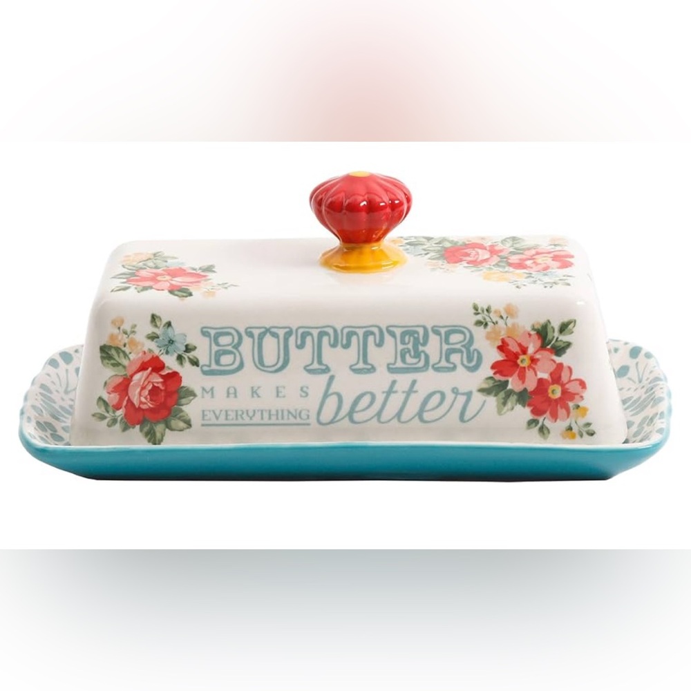 Now 50%off. The Pioneer Woman Floral Butter Dish with Red Knob - Picture 6 of 7